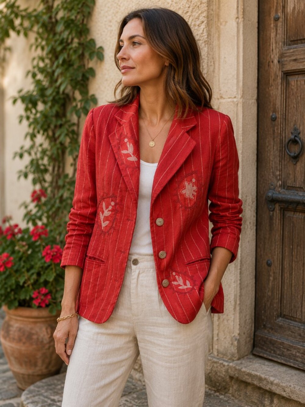 Iceberg Embroidered Stripe Linen Women's Blazer Jacket Size 38